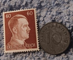 1943 German 10 Pfenning ~ km#101 , WW2 Germany ~ + 60pf. Stamp