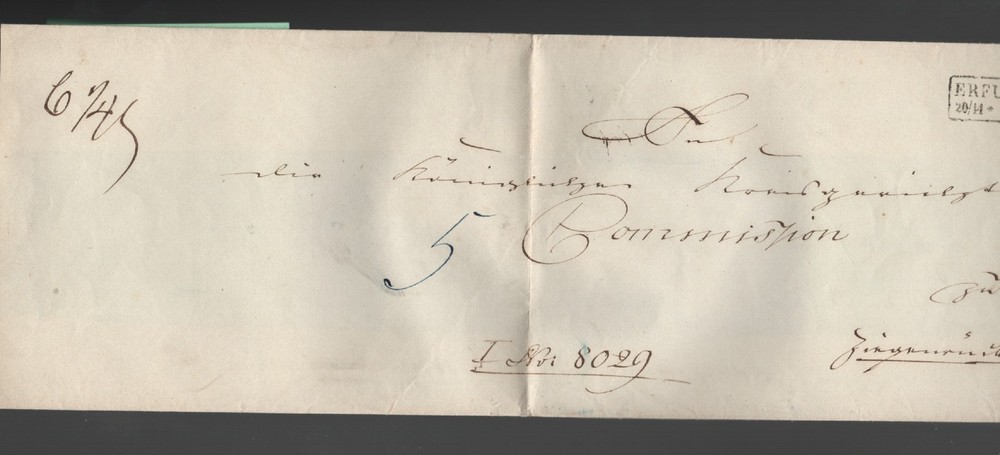 1850 Germany Stampless Cover – Royal Commission in Ziegenrück via Erfurt