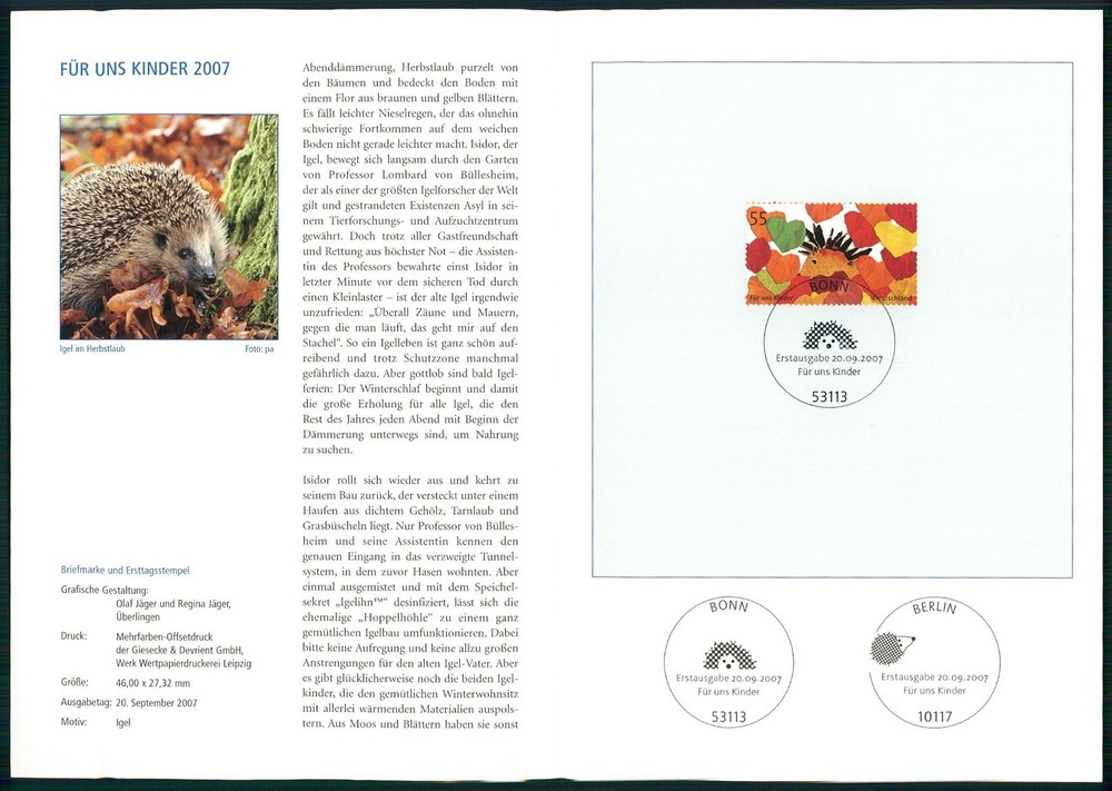 GERMANY FOLDER 2007/31 KINDER KIND CHILDREN IGEL BLÄTTER LAUB