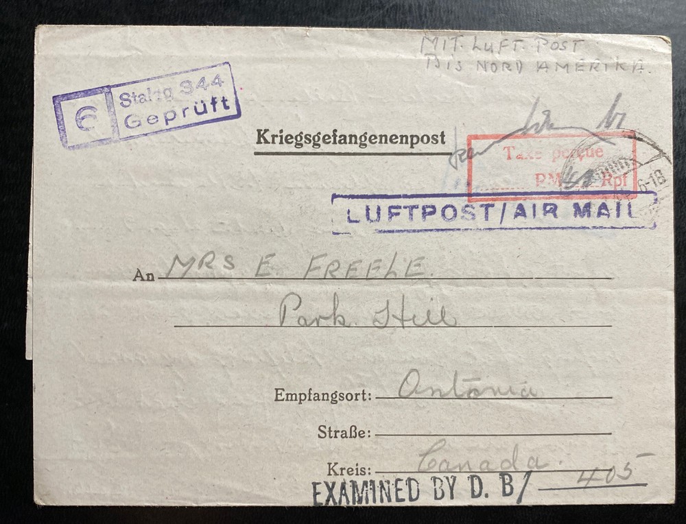 1944 Germany Stalag 334 Prisoner of War POW Air Letter Cover to Park Hill Canada