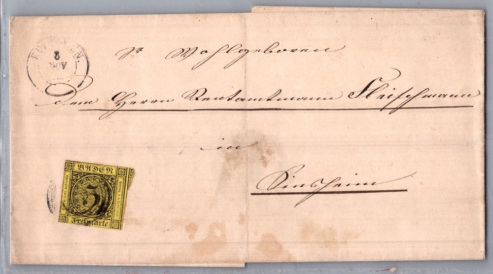 GERMANY 1852 BADEN POSTAL HISTORY OFFICIAL LETTER ADDR & POSTMARK