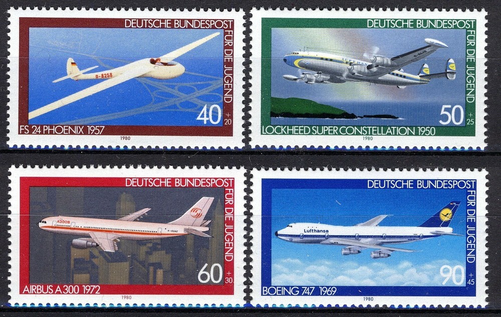 BRD 1980, Surtax youth, Aviation, airplanes set VF MNH, Mi 1040-43 4€