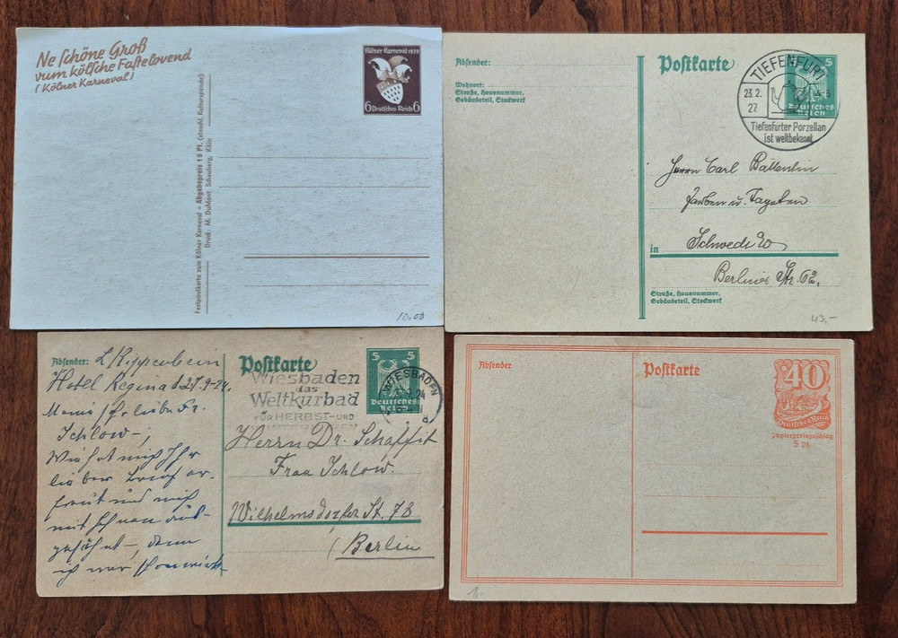 Lot of 4 Postal Cards from Germany 1920’s-30’s; All different; Used to unused