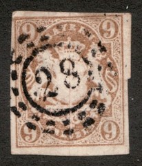 1867-68 German Bavaria Sc #20 – 9Kr Embossed Coat of Arms. Used stamp. Cv$35