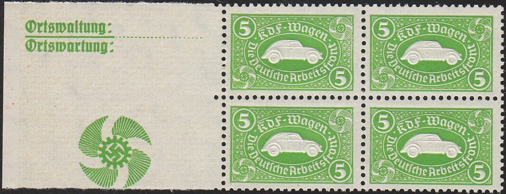 Stamp Germany Revenue Block WWII 3rd Reich VW War Era KDF Volkswagen Tab MNH