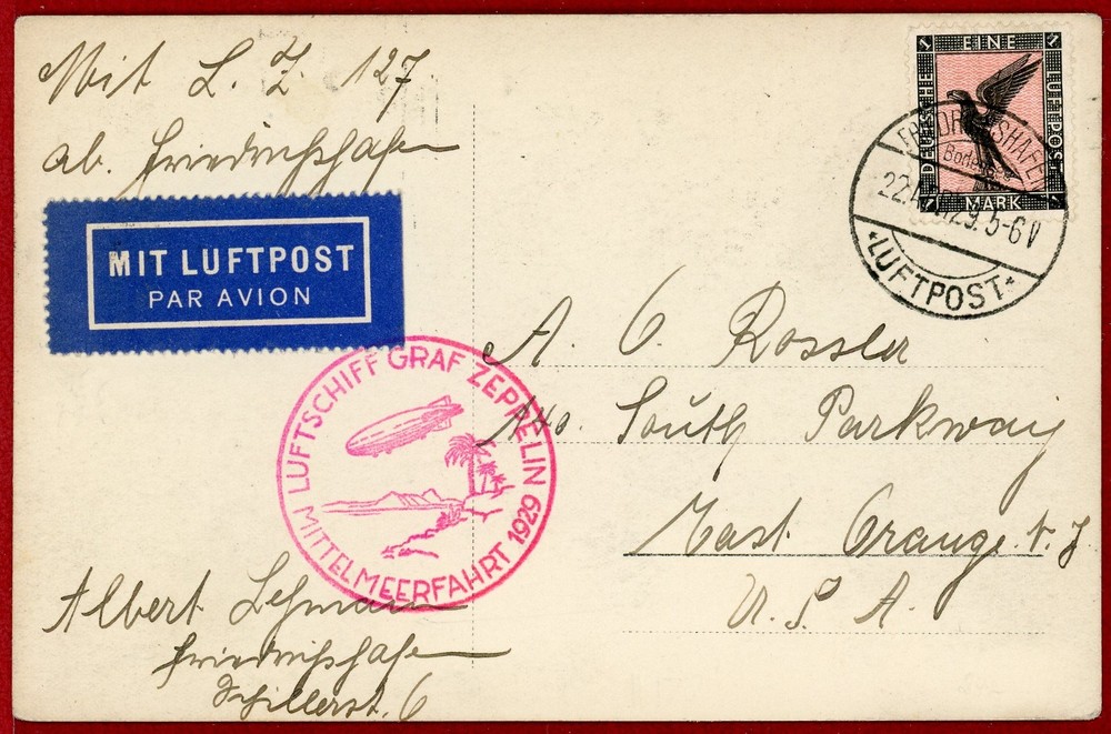Germany 1929, 1m on Postcard, Graf Zeppelin Flight, Fried. to US Via Seville