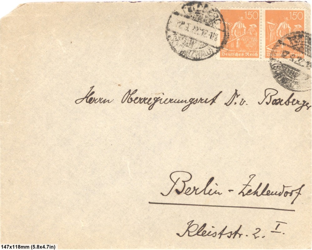 Germany Weimar Republic 1922 Two 150pf Franking Cover Berlin Zehlendorf