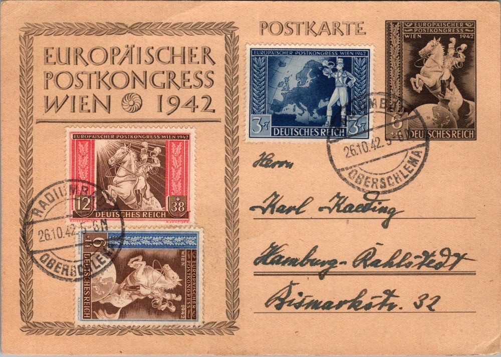 GERMANY 1942 ILLUSTRATED STATIONERY POSTCARD POSTAL CONGRESS ADDR & POSTMARK