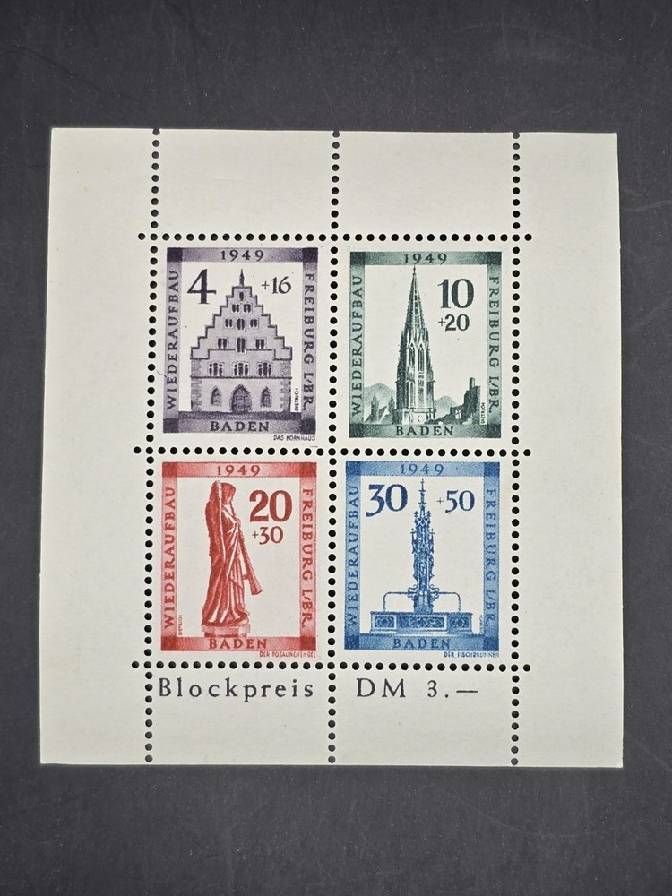 Germany French Zone Baden 1949 Freiburg Reconstruction Souvenir Sheet MNH Block