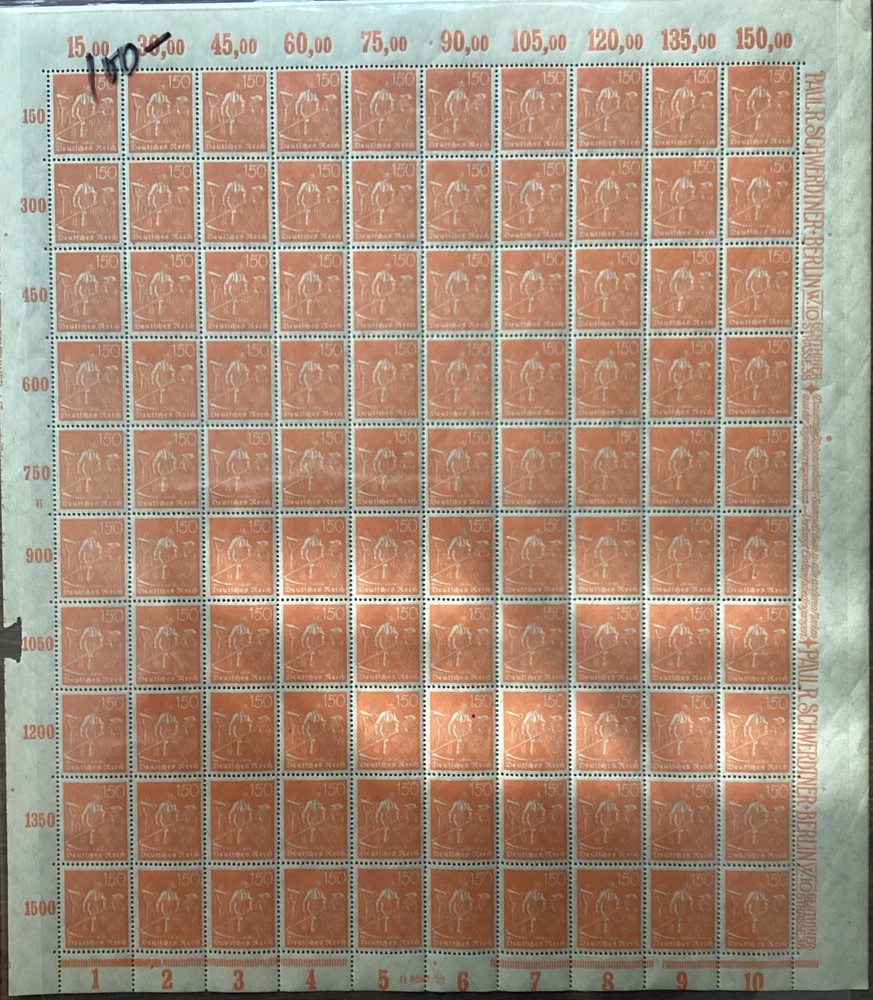 German Third Reich 150 Rpf Arbeiter Full Sheet 100 Stamps WWII Mi 808 Scott 512