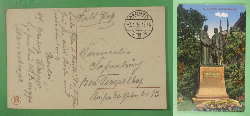 DR WHO 1916 GERMANY WWI FELDPOST AACHEN KOLN STATUE POSTCARD R45469