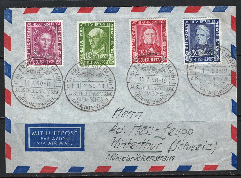 B&D: 1950 Germany Scott B310-B313 on cover from Frankfurt w/commem cancels