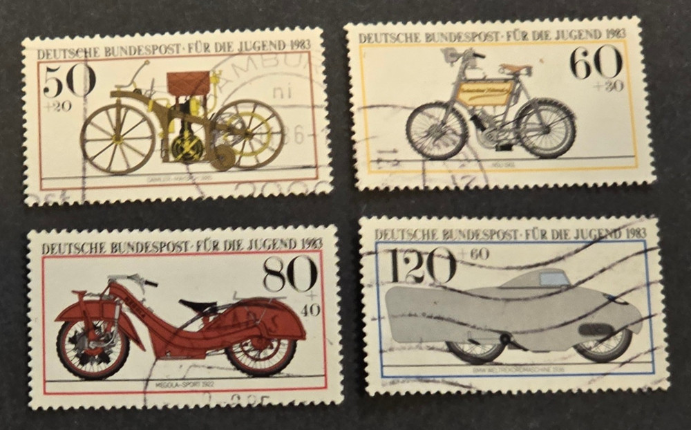 1983 Für die Jugend Motorcycles Moped Bicycle German Stamp Set 🇩🇪 Daimler BMW