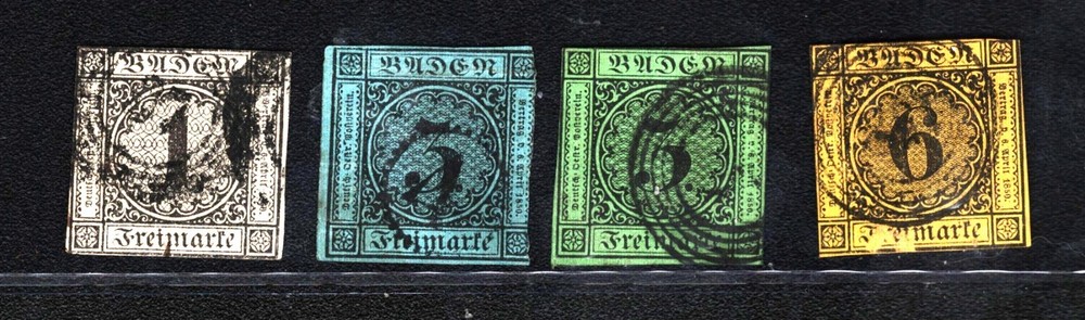 4 USED GERMAN STATES – BADEN – 1kr- 3kr -#: 6-9 NUMERAL OF VALUE 1084
