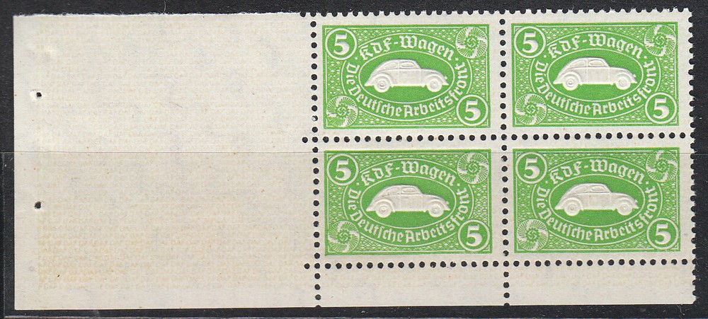 Stamp Germany Revenue Block WWII 3 Reich VW War Era KDF Volkswagen Corner MNH