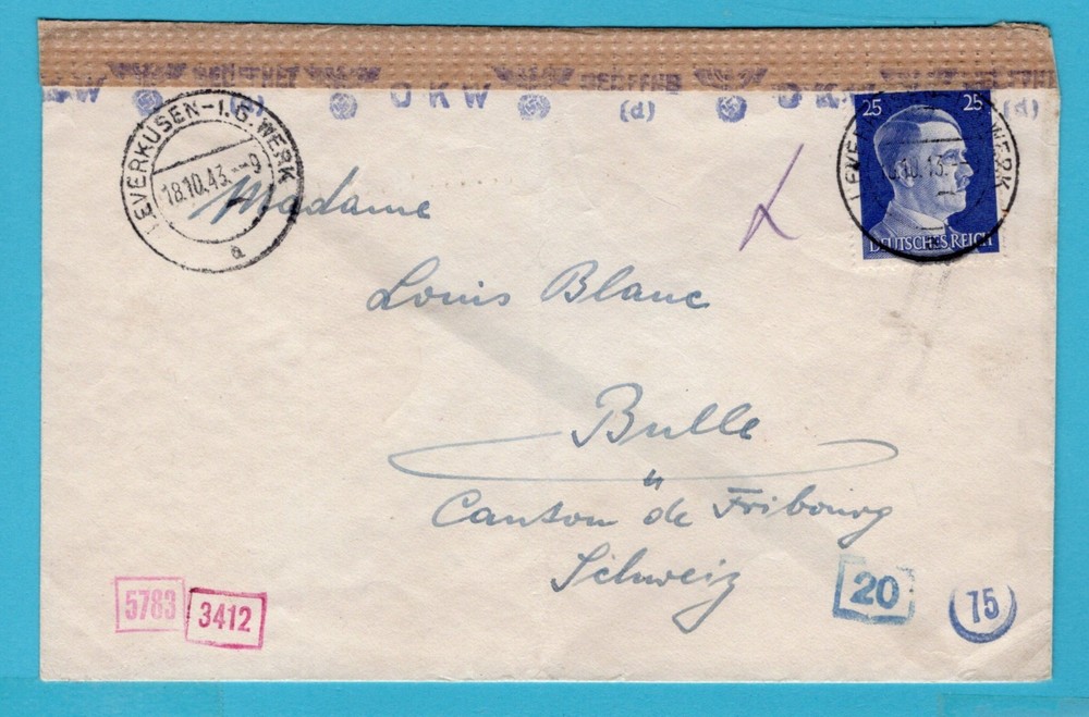 GERMANY censor cover 1943 Leverkusen to Bulle, Switzerland