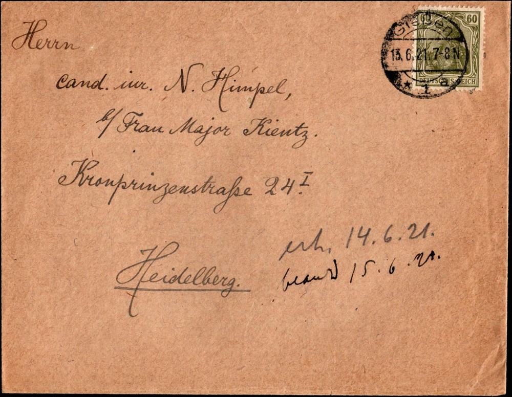 Germany 1921 Freiburg Cover 60pf Hindenburg to Heidelberg