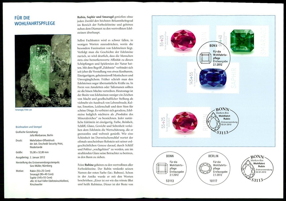 GERMANY FOLDER 2012/02 EDELSTEINE MINERALIEN RUBIN SAPHIR SMARAGD GEMSTONES