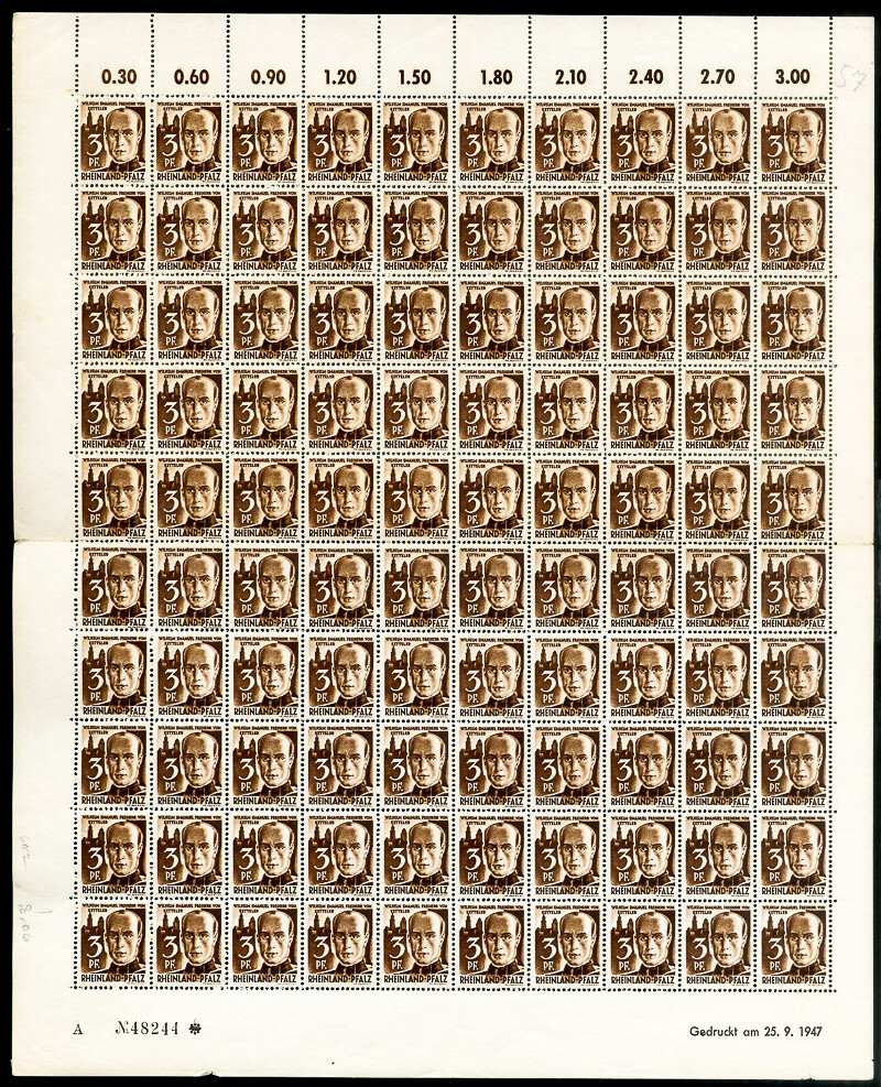 Germany Stamps # 6N2 VF OG NH Mint Sheet of 100