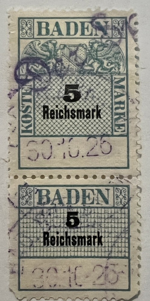EARLY BADEN GERMANY KOSTEN MARKE 5 REICHSMARK USED REVENUE STAMP WITH TAB