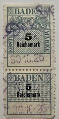 EARLY BADEN GERMANY KOSTEN MARKE 5 REICHSMARK USED REVENUE STAMP WITH TAB
