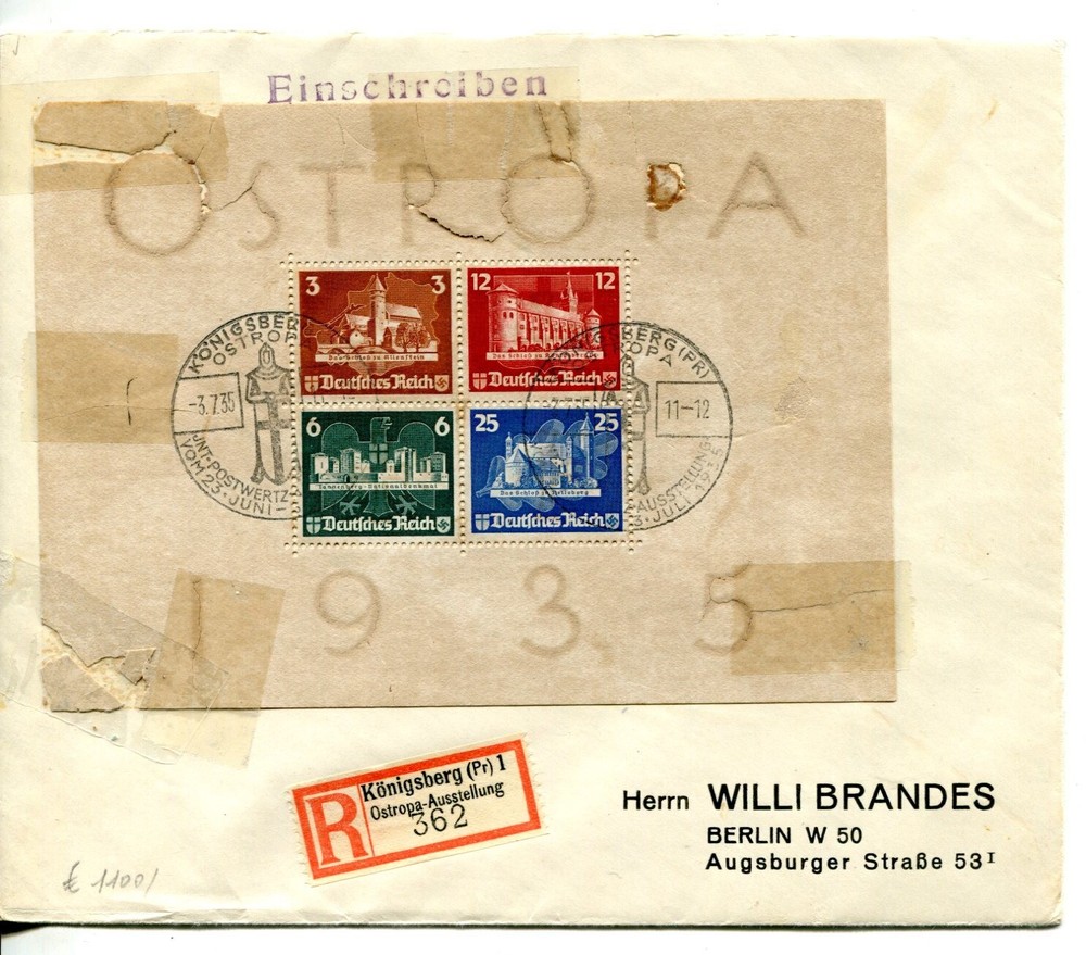 Germany 1935 Mi Block 3 OSTROPA Sheet Registered Cover Berlin RARE 7331