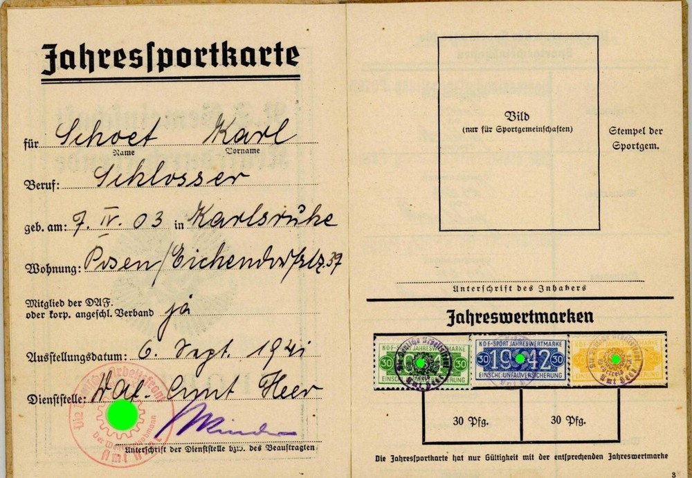 Germany Nazi era membership card KdF Jahressportkarte 1941 revenues fiscal