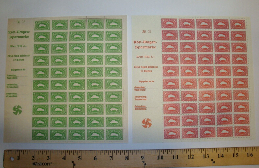 RED + GREEN stamp sheet Germany WW2 Replica Reich KdF Volkswagen – Nazi Swastika