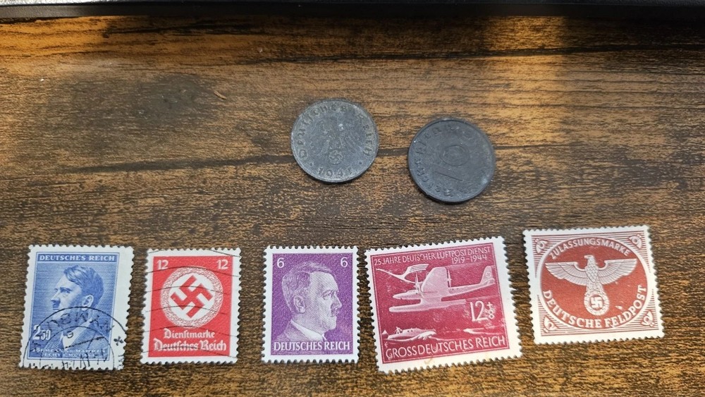 Germany, 3rd Reich 7 Item Stamp And Coin Lot Swastika 2 Coins 5 Stamps