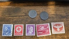 Germany, 3rd Reich 7 Item Stamp And Coin Lot Swastika 2 Coins 5 Stamps