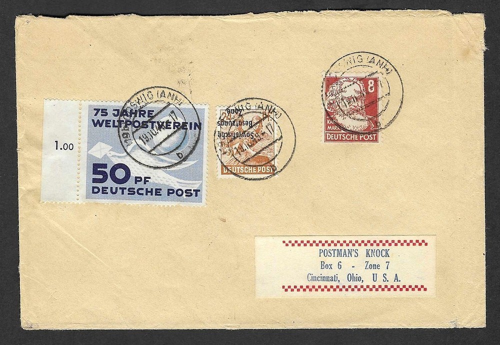 Germany Soviet Zone 1948 24pf with INVERTED OVERPRINT & 1949 UPU 50pf on cover