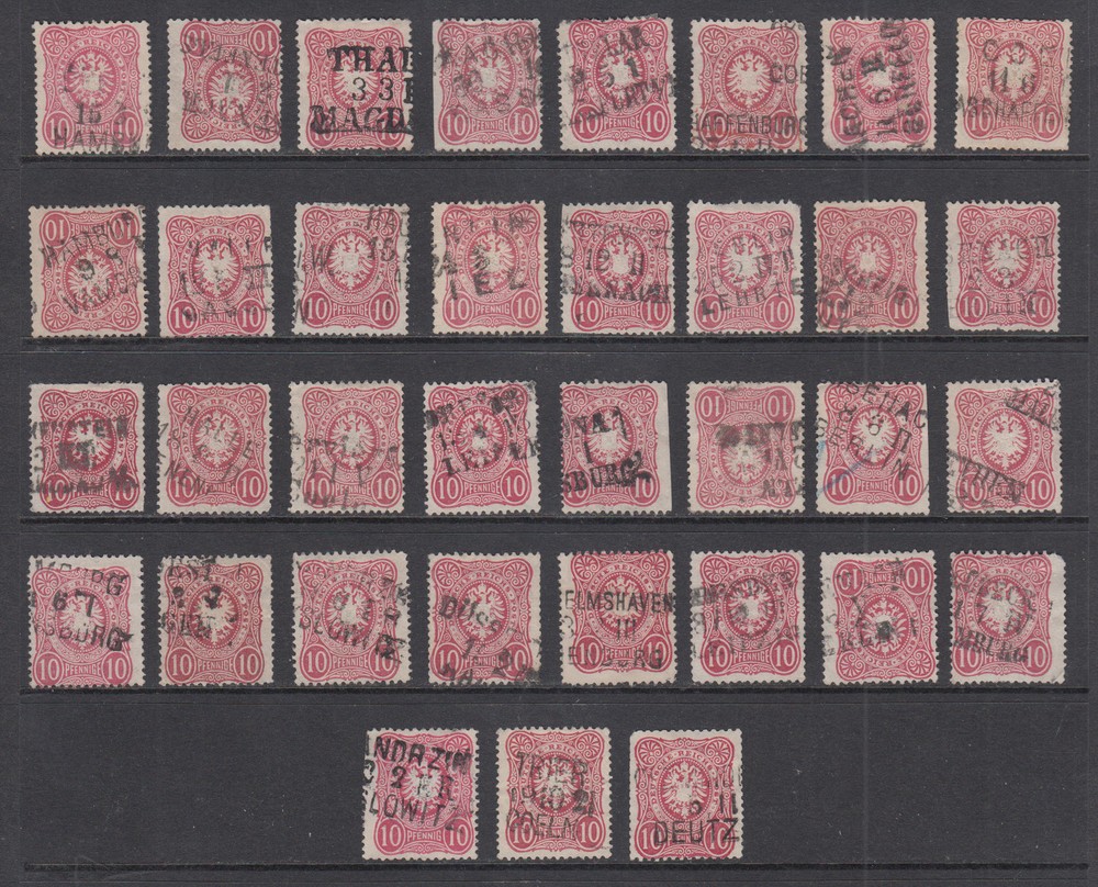 Germany, Sc 31, 39 used. 1875-80 10pf rose-red, 35 examples with Railway cancels