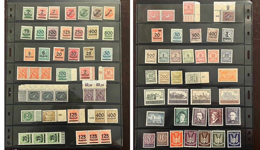 MINT GERMANY STAMPS LOT IN 2-SIDED STOCK PAGE, INFLATION, PAIRS, STRIPS, OVPTS