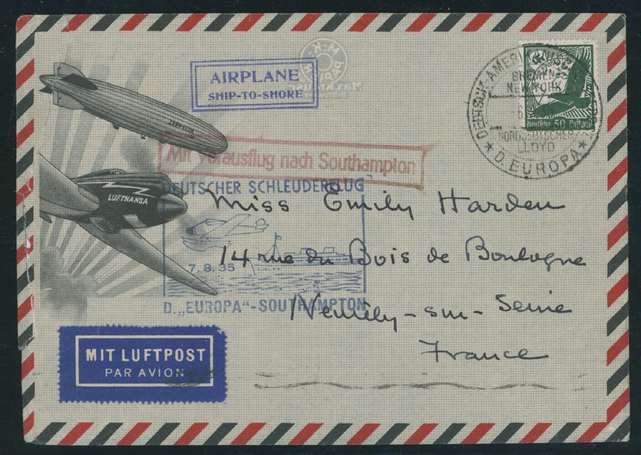 1935, GERMANY EUROPA-SOUTHAMPTON CATAPULT FLIGHT PRE-PRINTED COVER TO FRANCE