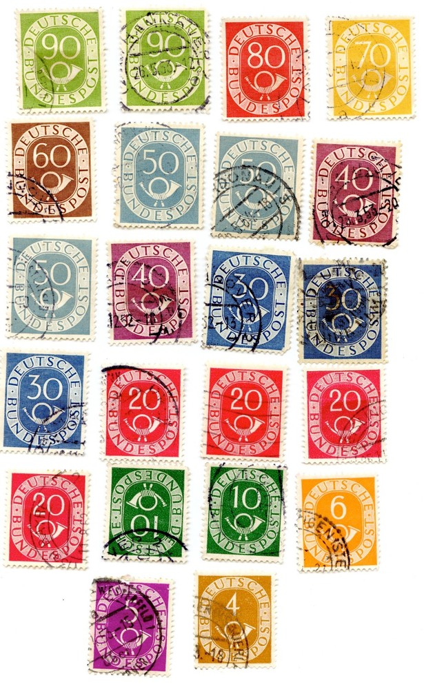West Germany Posthorn Definitive Stamp Lot 22 Used 4pf-90pf 1951-52 Bundespost