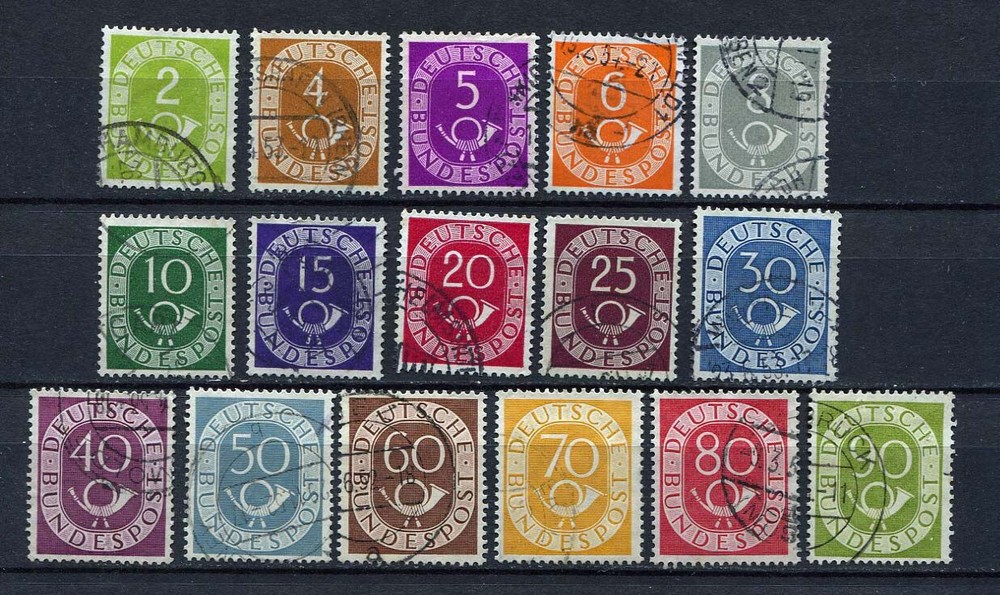 Germany – BRD : Post Horn set from 1951 ( Scott 670 – 685 ) – used !