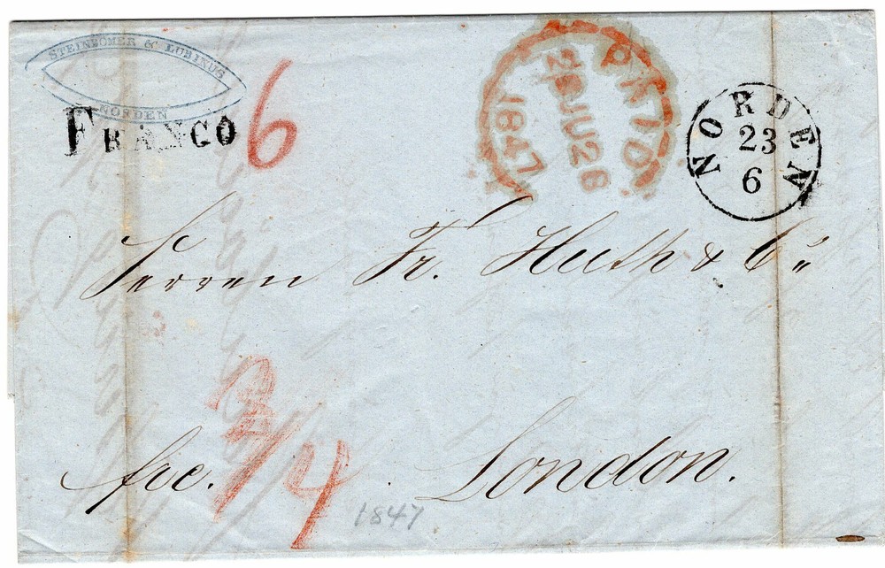 GERMNAY/PRUSSIA: Paid letter to Great Britain 1847, Arr.canc.