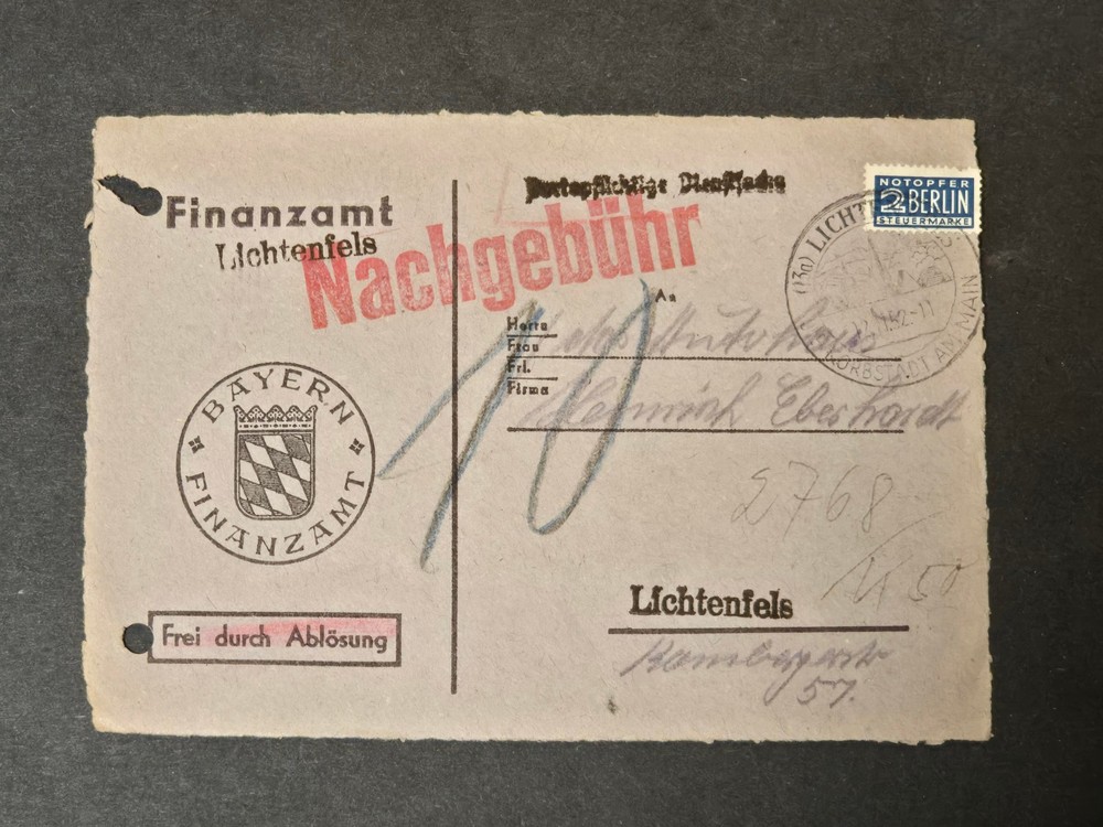 Post Ww2 German Bayern Post Free Nachgebühr Revenue Cover Berlin Tax Stamp 1952