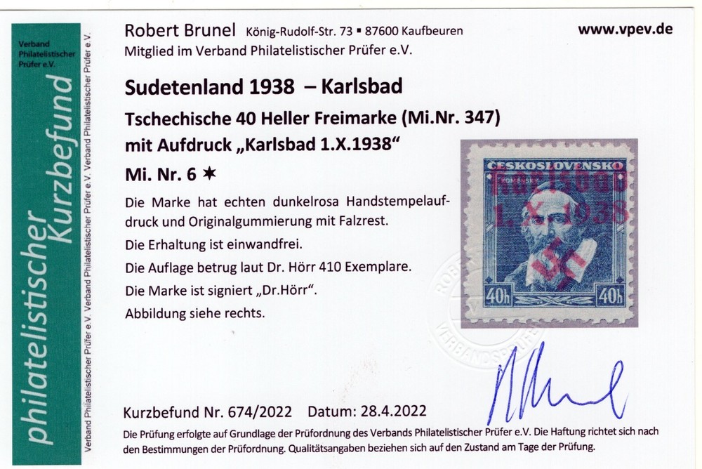 GERMANY OCCUPATION SUDETENLAND KARLSBAD MICHEL 6 BRUNEL CERT PERFECT MH