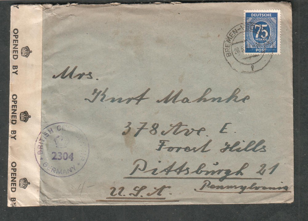 Germany 1947 post WWII PC90 crown censor cover Bremen-Vegesack to Pittsburgh PA