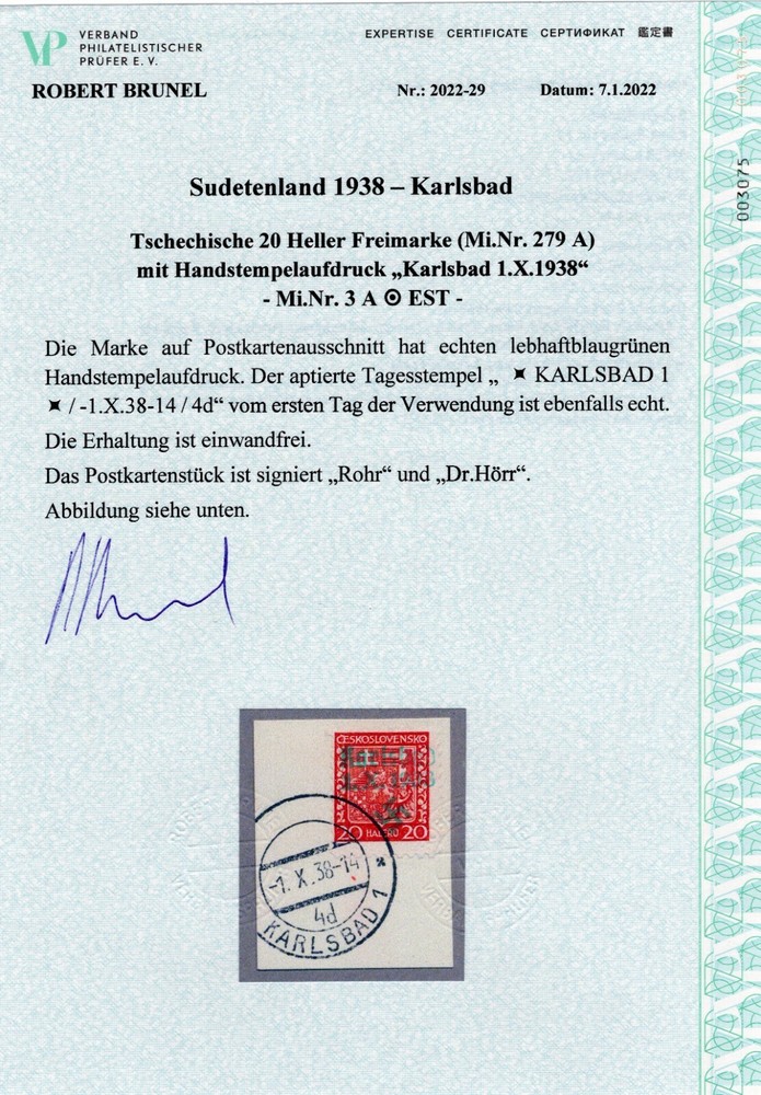 GERMANY OCC SUDETENLAND KARLSBAD MICHEL 3 FIRST DAY PERFECT USED CERT BRUNEL