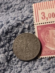 1940 German 10 Pfenning ~ km#101 , WW2 Germany ~ + 6pf. Stamp, Has Flaws