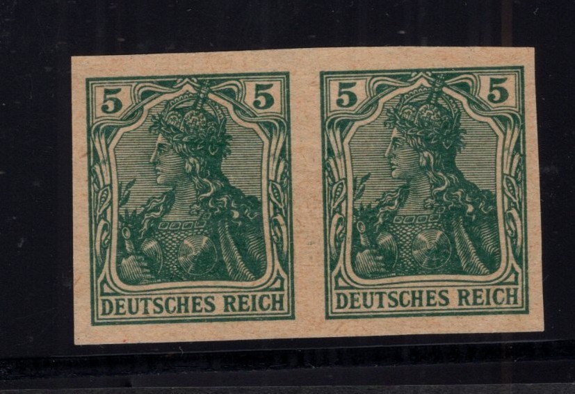 Germania „Deutsches Reich“ 5pf green, Proof, imperf Hz pair on yellowish paper
