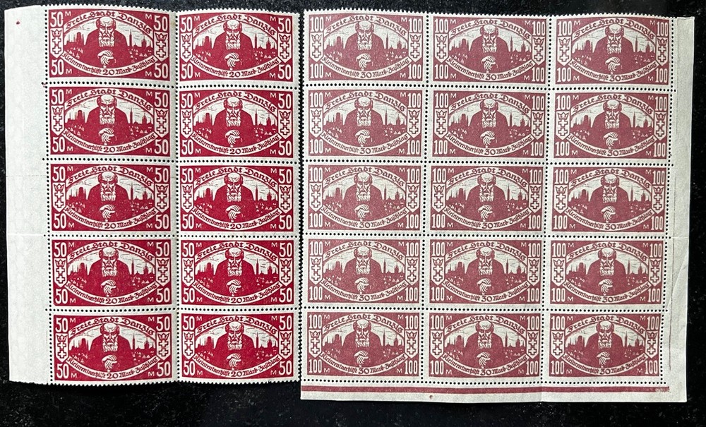 DANZIG-1923- SURCHARGE FOR THE POOR- BLOCKS- BROKEN CROSS ERROR- MNH