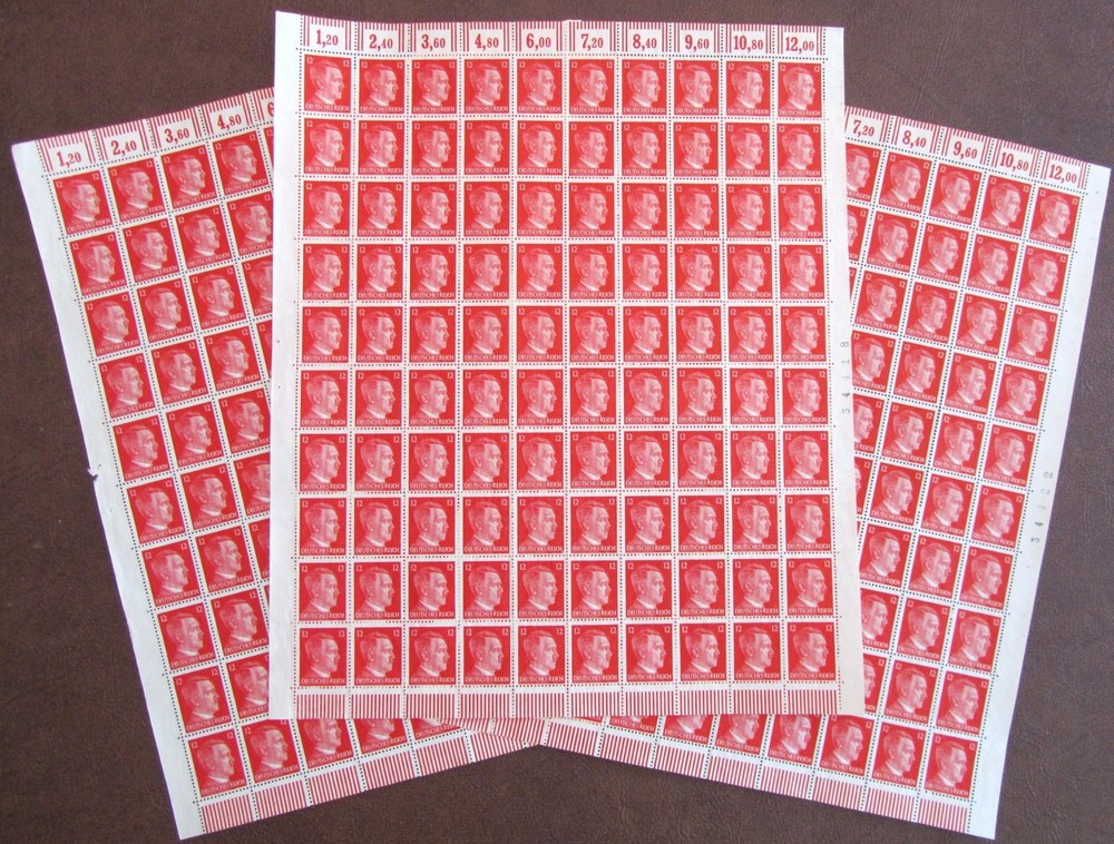 Deutsches 3rd Reich German Hitler 3 Full Sheets Stamps Hitler Head 12PF
