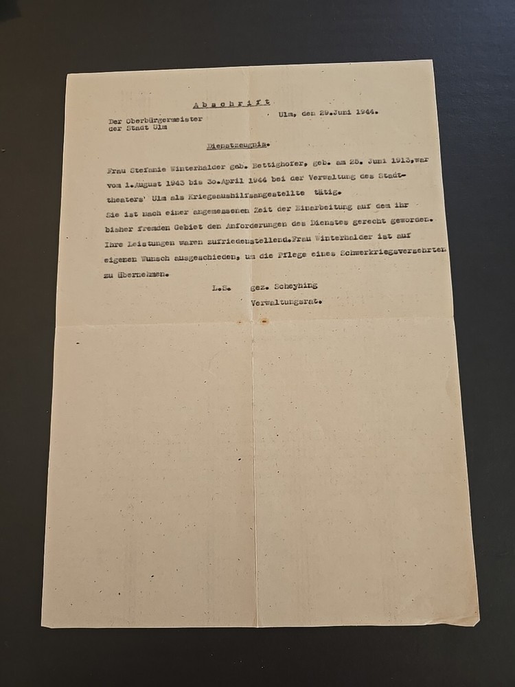 WW2 WWII German Third Reich Document Female War Wounded Caregiver Reference 1944