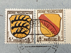 1947 GERMANY FRENCH ZONE GUTTER PAIR BATERSBRONN TO REICHENBACH