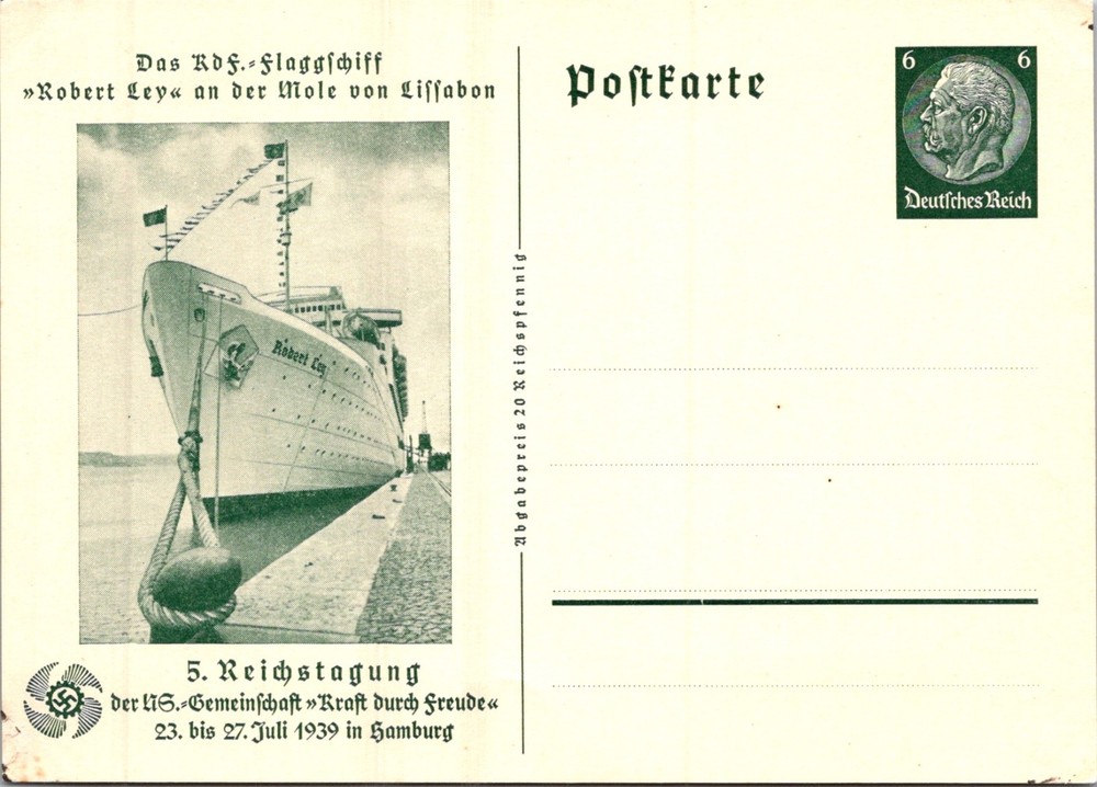 GERMANY 1939 POSTAL ILLUSTRATED STATIONERY POSTCARD COMM SHIP ROBERT LEY UNADDR