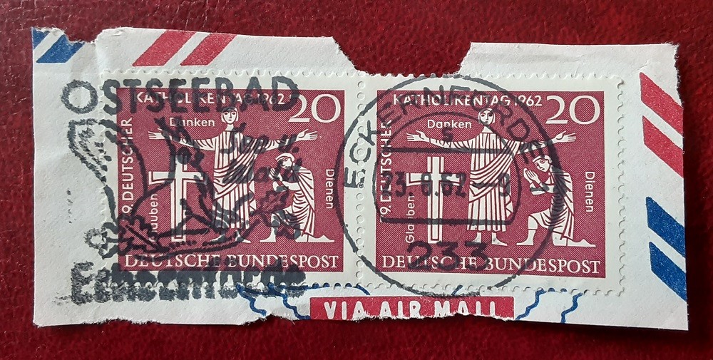 GERMANY Deutsche Bundespost 1962 20Pf Cross Faith Pair on Piece ECKERNFORDE 8599