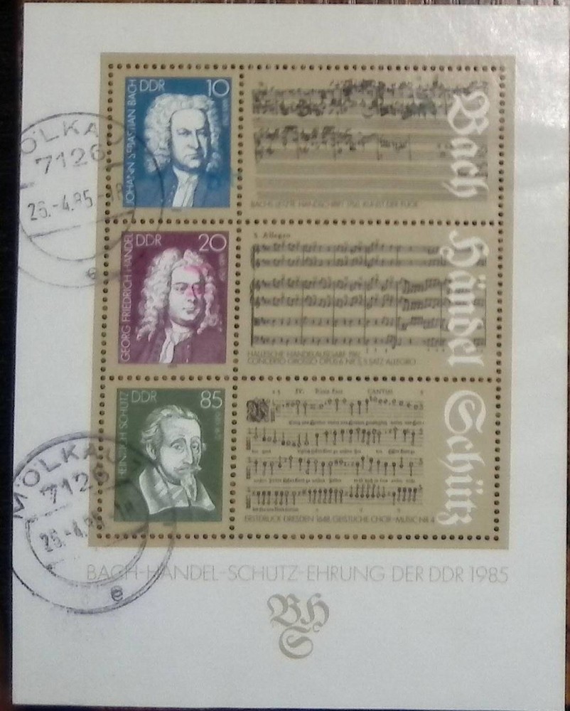 Germany DDR Souvenir Sheet Bach Handel Schutz 1985 Postmarked Multi-Color